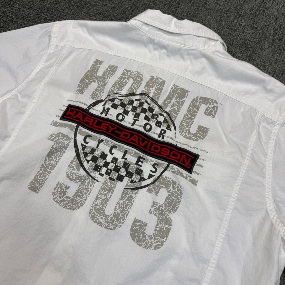 Harley-Davidson Shirt Mens XL White Short Sleeve Button Up HDMC 1903 Graphic